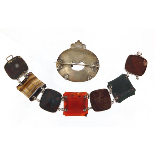 796 - Scottish silver agate and hard stone bracelet and brooch, the bracelet 17cm in length, approximate w... 