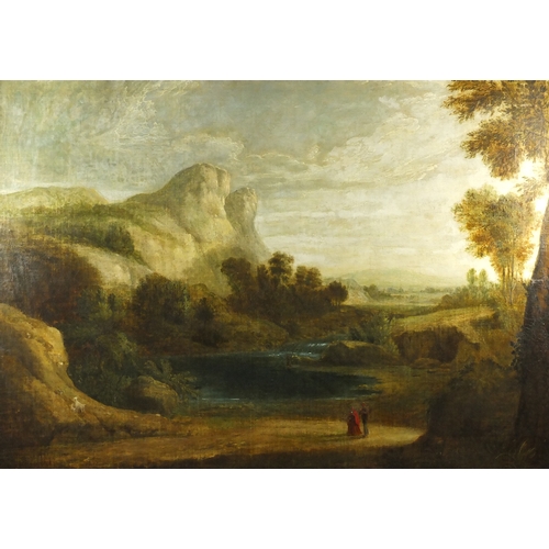 948 - Landscape with figures and goats before water, early 19th century continental school oil on canvas, ... 