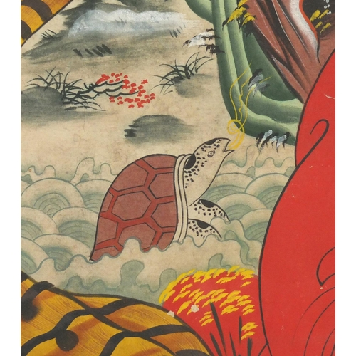 444 - Korean Minwha Folk hand painted scroll, depicting Sanshin the Spirit of the mountain, holding a walk... 