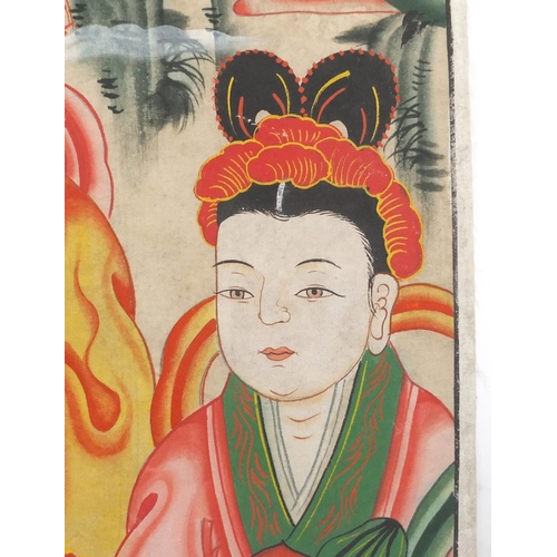 444 - Korean Minwha Folk hand painted scroll, depicting Sanshin the Spirit of the mountain, holding a walk... 