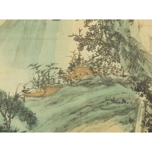 445 - Chinese scroll hand painted with a gentlemen gathering in a pagoda amongst pines, with script and re... 