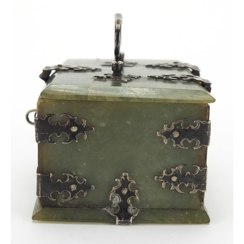 463 - 19th century Indian Mughal green jade casket, with silver mounts and swing handle, 5cm H x 9cm W x 6... 