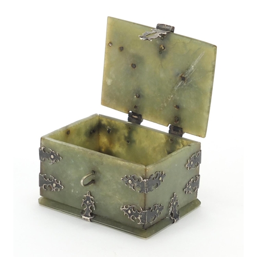 463 - 19th century Indian Mughal green jade casket, with silver mounts and swing handle, 5cm H x 9cm W x 6... 