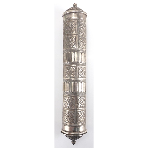 464 - Middle Eastern unmarked silver cylindrical Quran holder, embossed with panels of flower heads, 27cm ... 