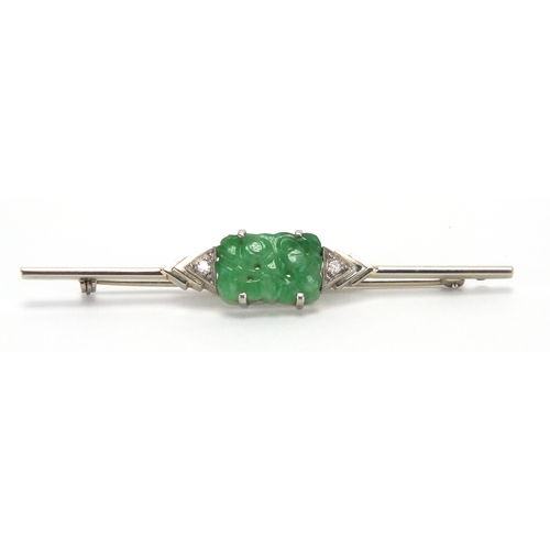 401 - Chinese 18ct white gold and platinum green jade and diamond bar brooch, 6cm in length, approximate w... 