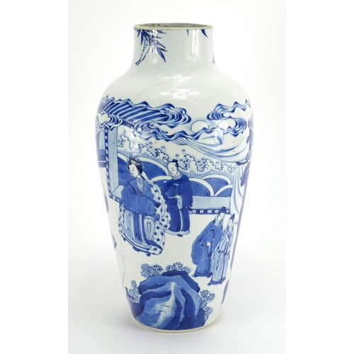 328 - Chinese blue and white porcelain vase, hand painted with figures in a palace, Kangxi blue ring marks... 