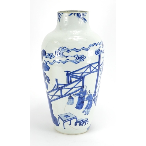 328 - Chinese blue and white porcelain vase, hand painted with figures in a palace, Kangxi blue ring marks... 