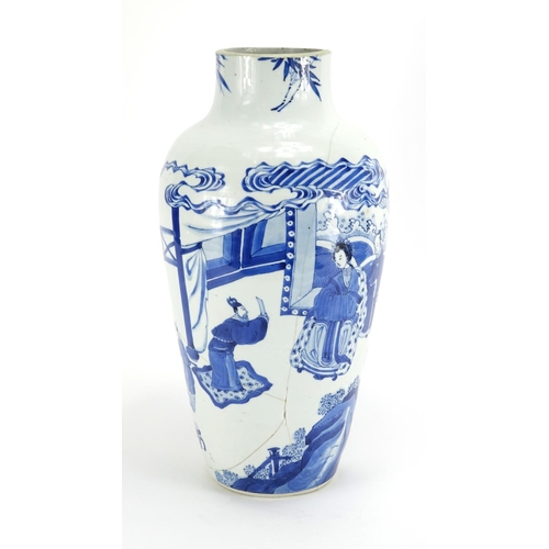 328 - Chinese blue and white porcelain vase, hand painted with figures in a palace, Kangxi blue ring marks... 