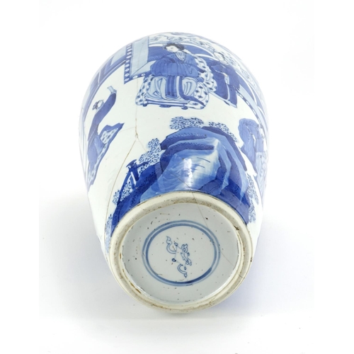 328 - Chinese blue and white porcelain vase, hand painted with figures in a palace, Kangxi blue ring marks... 