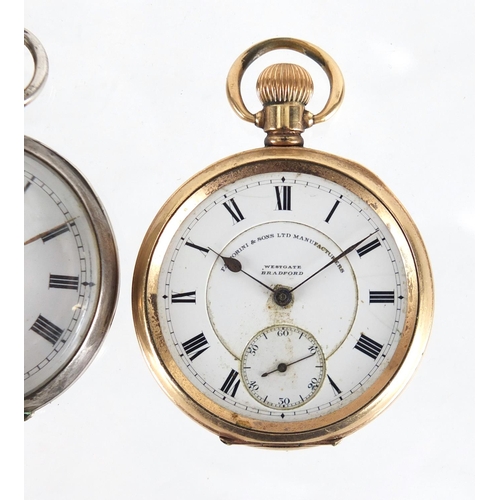 859 - Two gentleman's silver open face pocket watches and a gold plated Fatroini & Sons gold plated pocket... 