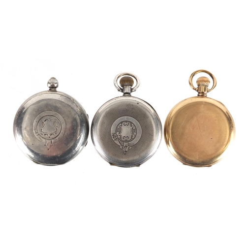 859 - Two gentleman's silver open face pocket watches and a gold plated Fatroini & Sons gold plated pocket... 