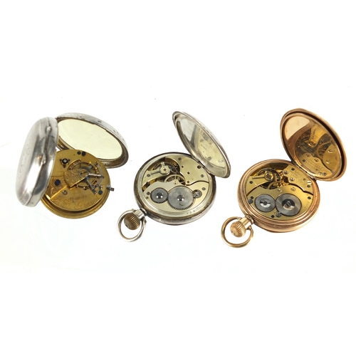 859 - Two gentleman's silver open face pocket watches and a gold plated Fatroini & Sons gold plated pocket... 