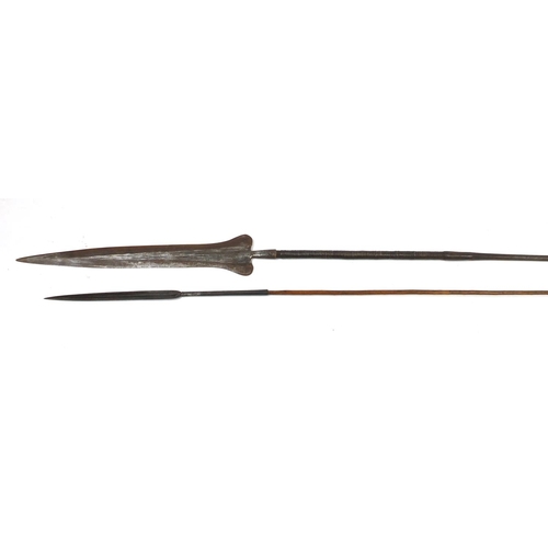 475 - Two tribal interest spears with steel heads, the largest 186cm in length