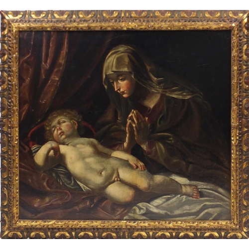 879 - Madonna and child, 18th century German school oil on canvas, housed in a gilt Gesso frame, 106cm x 9... 