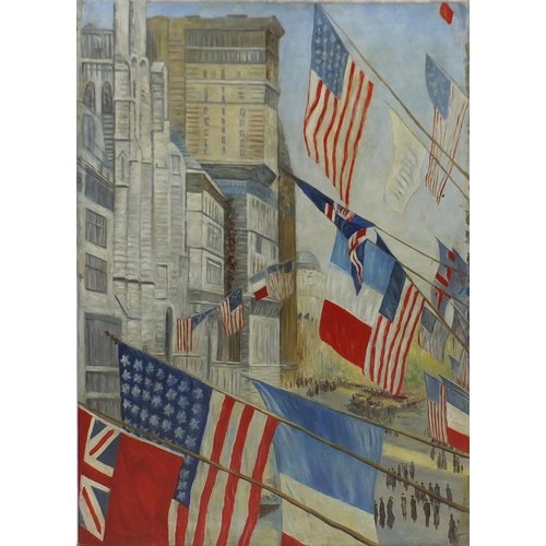 947 - New York street scene, oil on canvas, inscribed verso, unframed, 122cm x 92cm