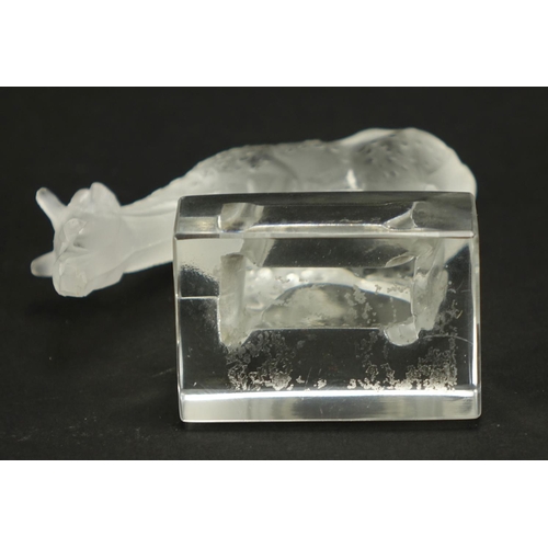 515 - R Lalique frosted and clear glass deer paperweight, moulded R Lalique, 8.5cm high
