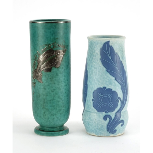 564 - Two Swedish pottery vases by Gustavsberg, one with silver inlay decorated with a stylised fish, both... 