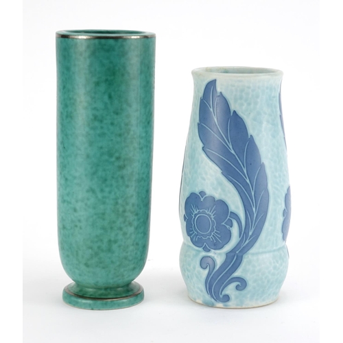 564 - Two Swedish pottery vases by Gustavsberg, one with silver inlay decorated with a stylised fish, both... 