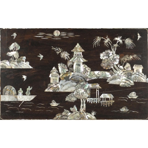 2218A - Rectangular Chinese carved hardwood panel, inlaid with abalone, decorated with figures in a river la... 