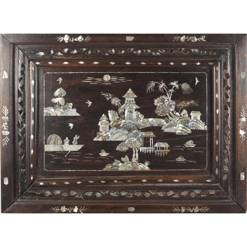 2218A - Rectangular Chinese carved hardwood panel, inlaid with abalone, decorated with figures in a river la... 