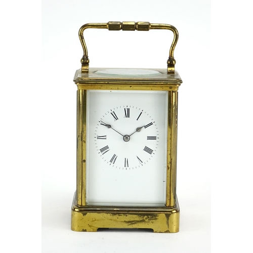 2127 - 19th century brass cased carriage clock striking on a gong, with enamelled dial and Roman numerals, ... 