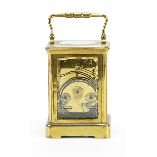 2127 - 19th century brass cased carriage clock striking on a gong, with enamelled dial and Roman numerals, ... 