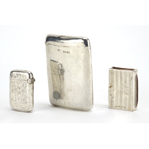 637 - Victorian rectangular silver card case, vesta and matchbox case, various hallmarks, the largest 7.7c... 