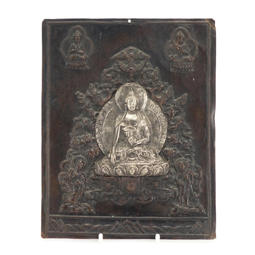 580A - 19th century Tibetan copper and silver wall plaque, embossed with Buddha, 21cm x 17cm