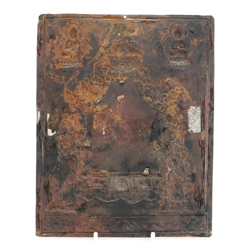 580A - 19th century Tibetan copper and silver wall plaque, embossed with Buddha, 21cm x 17cm