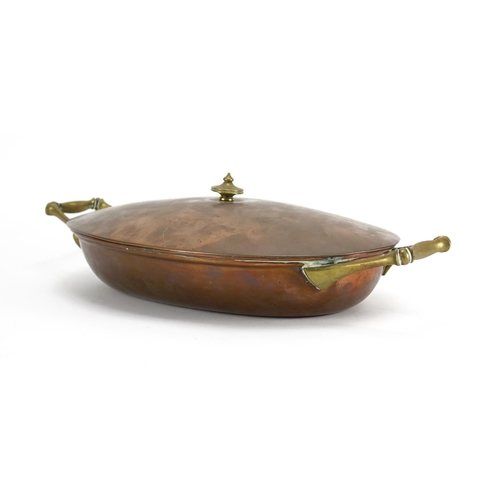582 - Benson copper and brass lidded tureen with twin handles, stamped Benson to the base, 37cm wide