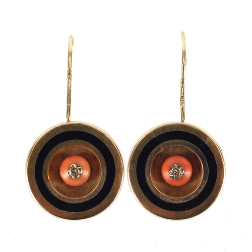 677 - Pair of Victorian 9ct gold coral, diamond and black enamel earrings, 2.1cm in diameter, approximate ... 