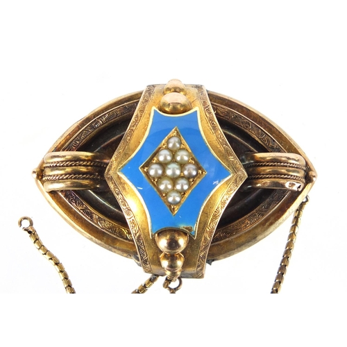691 - Victorian unmarked gold blue enamel and seed pearl mourning brooch, 4.5cm wide, approximate weight 1... 