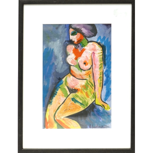 989 - Seated nude female, mixed media, bearing a signature A Lawlensky, mounted and framed 29cm x 20cm