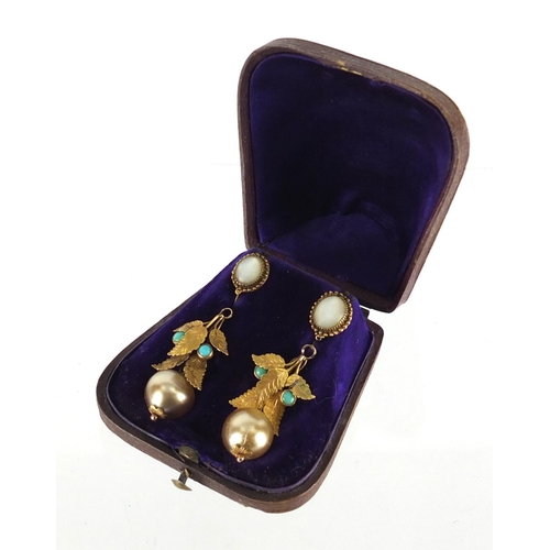 668 - Pair of 14ct gold pearl, turquoise and Mother of Pearl drop earrings, each stamped 585, housed in a ... 