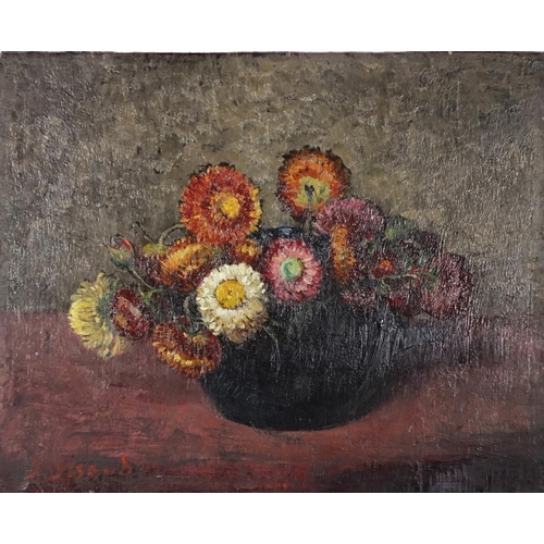 988 - Still life flowers in a vase, oil on panel, bearing a signature possible Lassand, unframed, 27cm x 2... 
