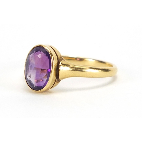 2462 - 18ct gold amethyst solitaire ring, size Q, approximate weight 3.0g