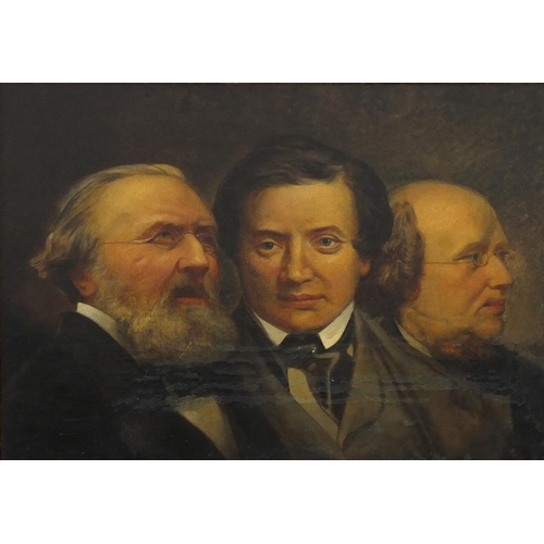 870 - Portrait of three men in formal dress, 19th century American school oil on canvas, mounted and frame... 