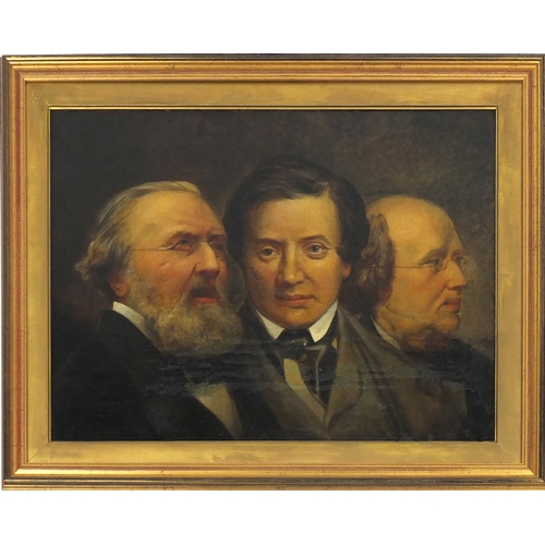 870 - Portrait of three men in formal dress, 19th century American school oil on canvas, mounted and frame... 