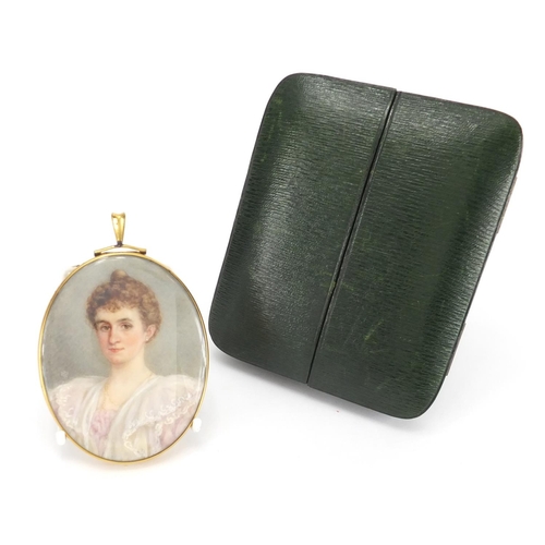 64 - Oval Georgian hand painted portrait miniature of a female, housed in a gilt metal mouring locket pen... 