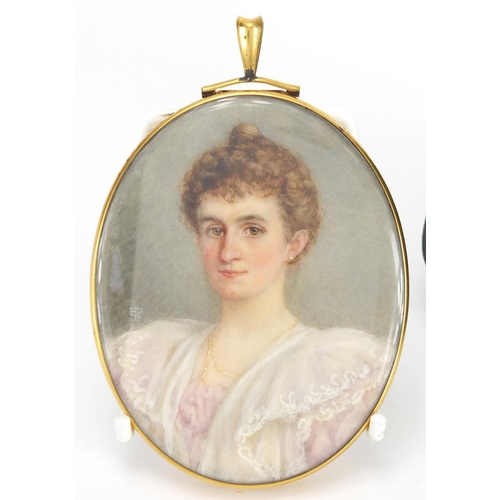 64 - Oval Georgian hand painted portrait miniature of a female, housed in a gilt metal mouring locket pen... 