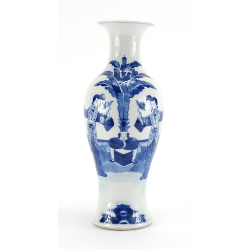316 - Chinese blue and white porcelain baluster vase, hand painted with figures in a palace, blue ring mar... 