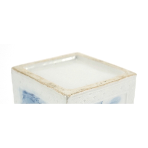 320 - Chinese blue and white porcelain square brush pot, hand painted with figures, 12.5cm high