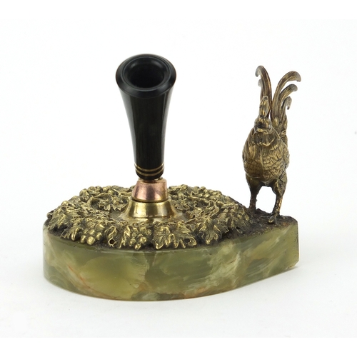 10 - Green onyx and bronzed cockerel design desk pen holder, 10.5cm high