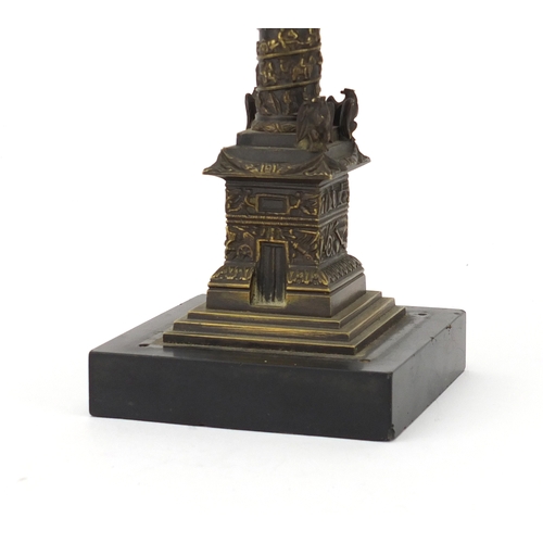 14 - 19th century Grand Tour patinated bronze model of Vendome column, raised on a square black slate bas... 