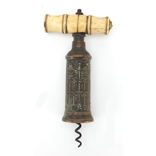 30 - 19th century Thomason brass corkscrew, with Gothic barrel, turned ivory handle and steel worm, 17.5c... 