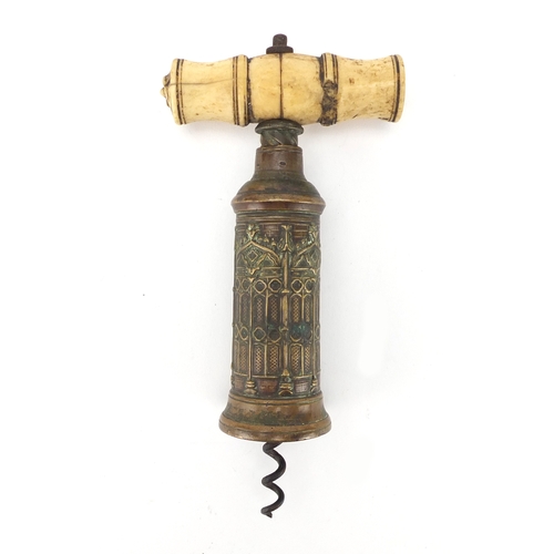 30 - 19th century Thomason brass corkscrew, with Gothic barrel, turned ivory handle and steel worm, 17.5c... 