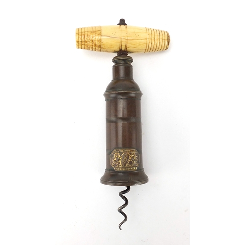 31 - 19th century Dowler patent brass corkscrew, with turned ivory handle and steel worm, 18.5cm in lengt... 