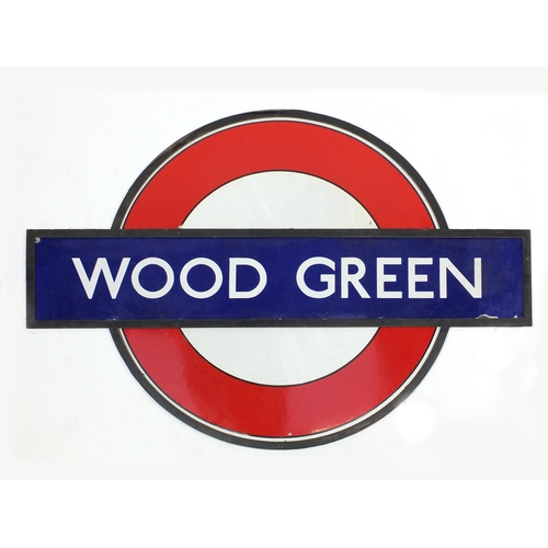 98 - Large railwayana interest Wood Green enamel sign with frame, 103cm H x 150cm W