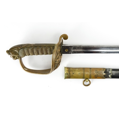 247 - British Military Naval sword by Cieve Matthews, with scabbard, wire bound shagreen grip and etched s... 