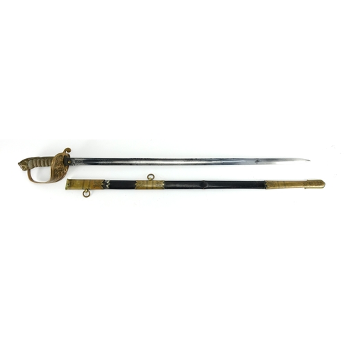 247 - British Military Naval sword by Cieve Matthews, with scabbard, wire bound shagreen grip and etched s... 